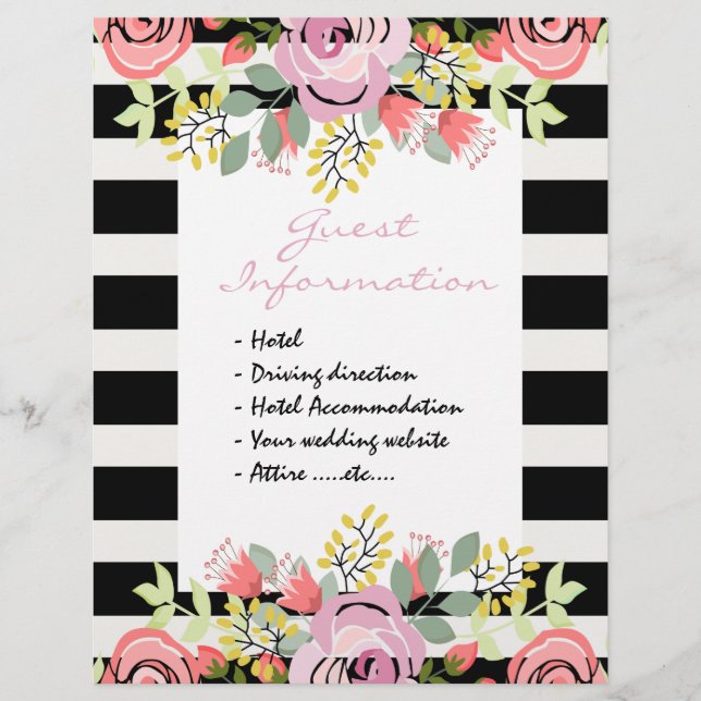 Romantic floral wedding guest information letterhead (Front)
