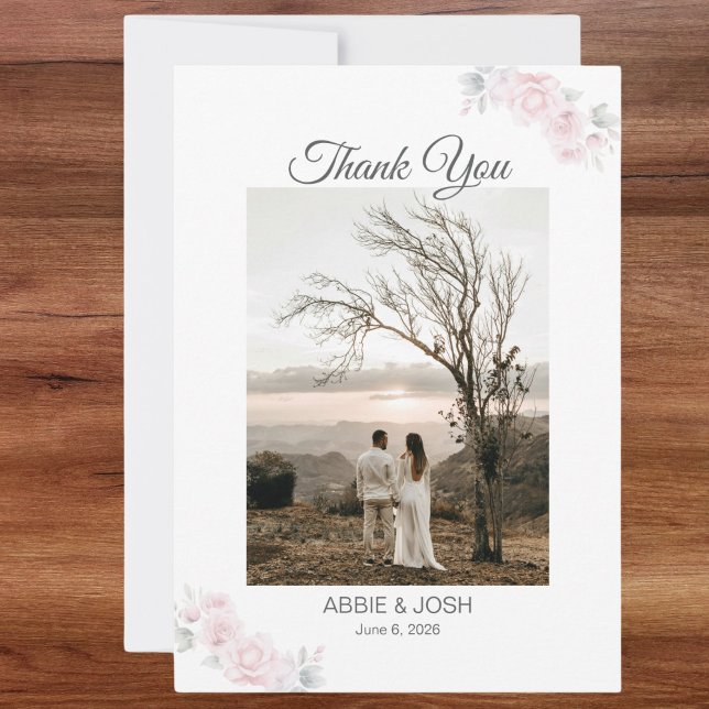 Romantic Floral Wedding Thank You Card (Romantic Floral Photo Wedding Thank You with elegant and modern script)