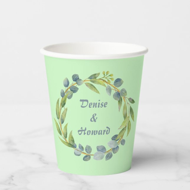 Romantic Floral Whirlwind Leafy Green Wreath Paper Cups (Front)