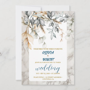 Romantic floral white gentle blue flowers marble invitation