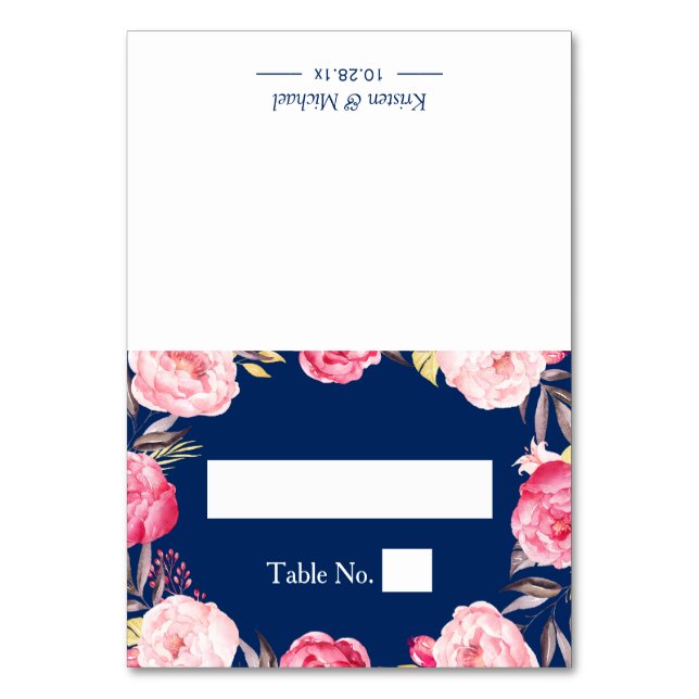 Romantic Floral Wreath Navy Blue Wedding Place Table Number (Front)