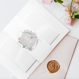 Romantic Floral Wreath Watercolor Monogram Invitation Belly Band
