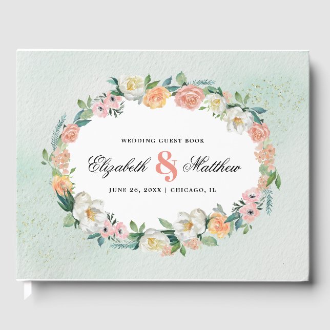 Romantic Floral Wreath Watercolor Wedding Guest Book (Front)