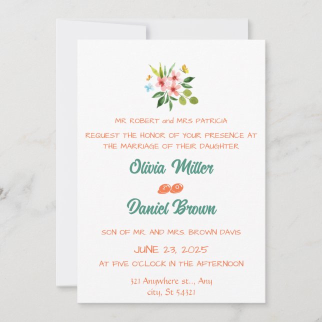 Romantic  Floral Wreath Watercolor Wedding Invitation (Front)