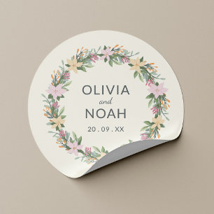 Romantic floral wreath wedding classic round sticker