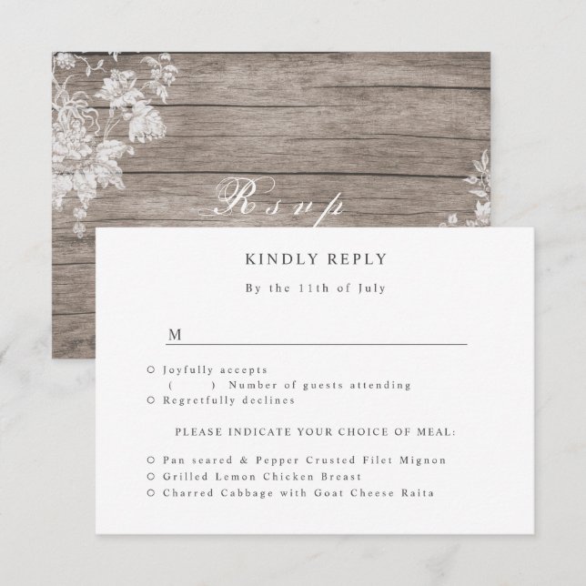 Romantic flower print on rustic wood wedding RSVP card (Front/Back)