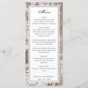 Romantic flower print on wood wedding menu