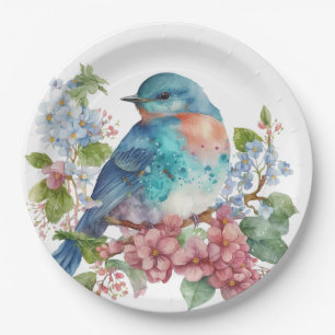 Romantic flowers and blue bird paper plate