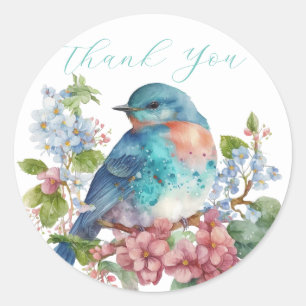 Romantic flowers and blue bird thank you classic round sticker