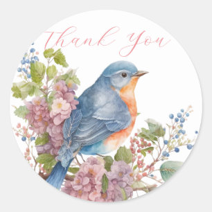 Romantic flowers and blue bird thank you  classic round sticker