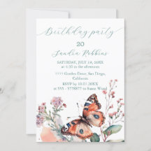 Romantic flowers and butterfly Birthday Invitation