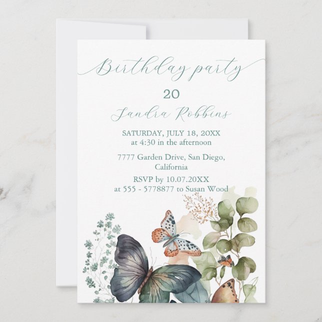Romantic flowers and butterfly Birthday Invitation (Front)