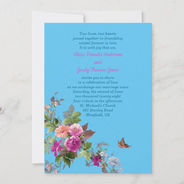Romantic Flowers and Butterfly on Blue Wedding  Invitation (Front)