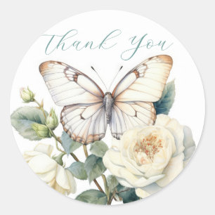 Romantic flowers and white butterfly thank you classic round sticker