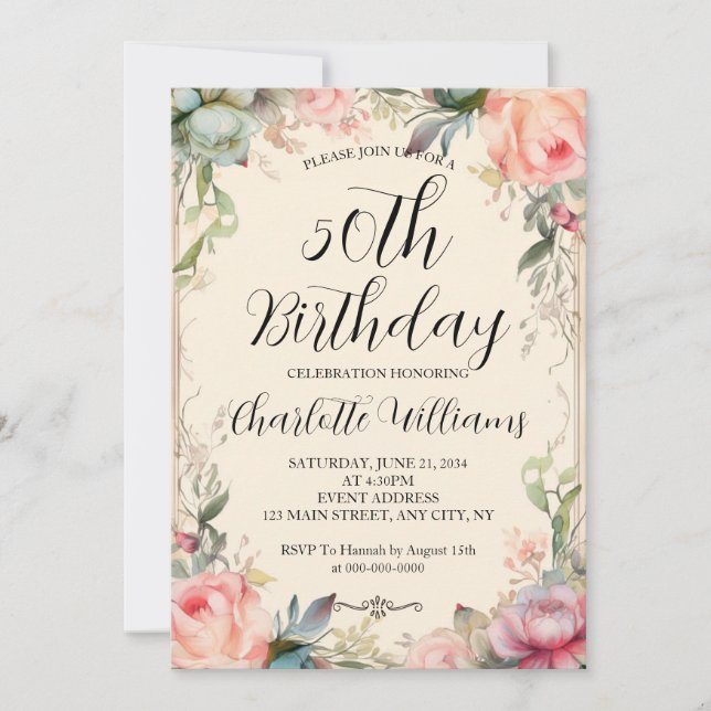 Romantic Flowers Female 50th Birthday Invitation (Front)