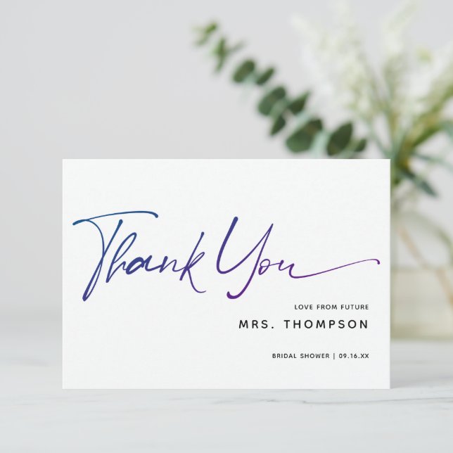 Romantic Flowers Modern Script Bridal Shower Thank You Card (Standing Front)