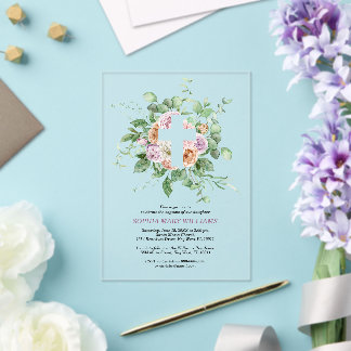 Romantic Flowers & White Cross Girl Baptism Acrylic Invitations