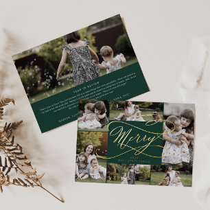 Romantic Foil Green Merry 7 Photo Collage Holiday Card