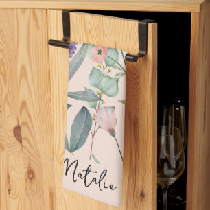 Romantic foliage watercolor monogrammed pink kitchen towel