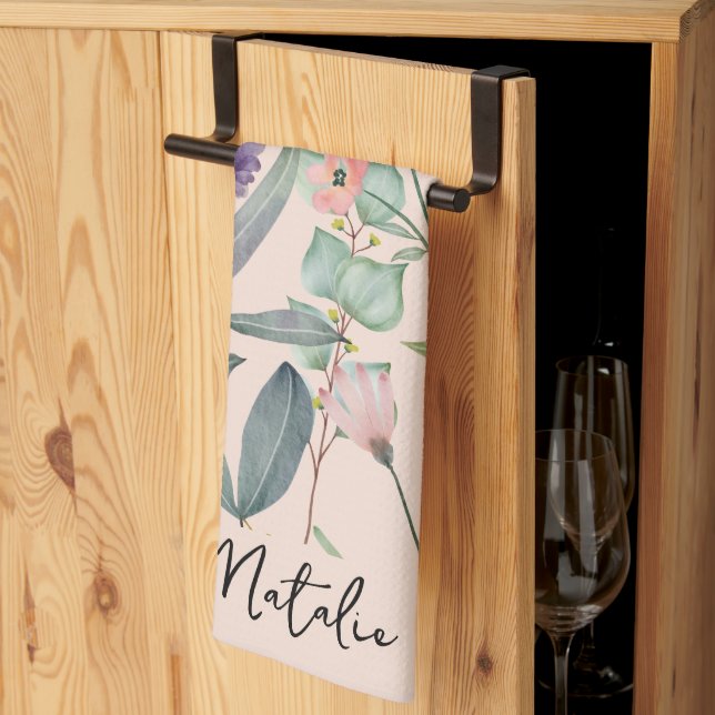 Romantic foliage watercolor monogrammed pink kitchen towel (Thirds Fold)