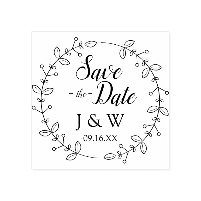 Romantic Foliage Wreath Save The Date Personalized Rubber Stamp (Imprint)