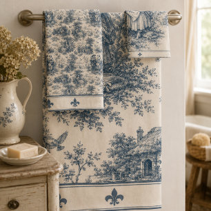 Romantic French Countryside Toile in Dusty Blue Bath Towel Set