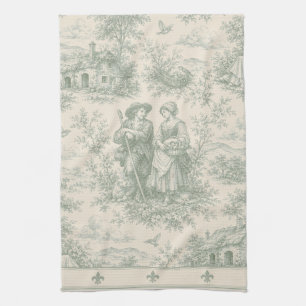 Romantic French Countryside Toile in Sage Green Kitchen Towel