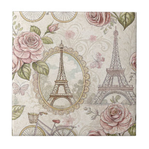 Romantic French Eiffel Tower & Roses Floral Design Tile