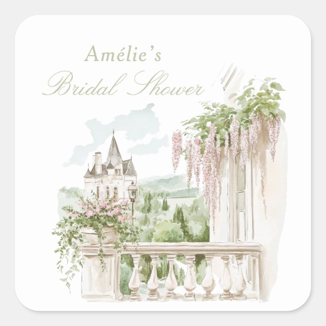 Romantic French Garden Chateau Bridal Shower  Square Sticker (Front)
