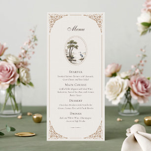Romantic French Heron Oval Frame Wedding Menu Card