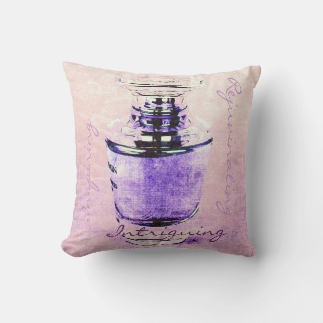 romantic French perfume bottle with script Throw Pillow (Front)