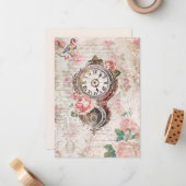 Romantic French Roses, Clock & Filigree Collage Card (Front/Back In Situ)