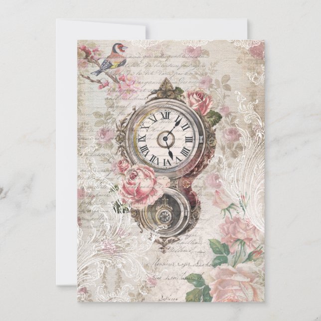 Romantic French Roses, Clock & Filigree Collage Card (Front)