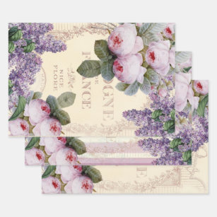 Romantic French Shabby Chic Roses and Lilac Wrapping Paper Sheet