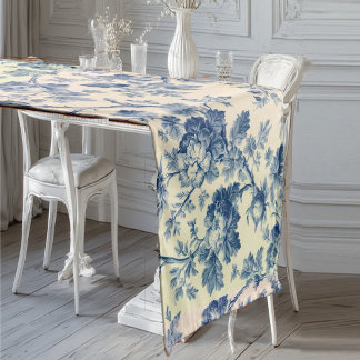 Romantic French toile de Jouy Powder Blue Floral Short Table Runner