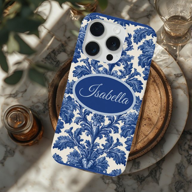 Romantic French Toile Powder Blue Personalized  iPhone Case (Romantic French Toile Powder Blue Personalized iPhone Case)