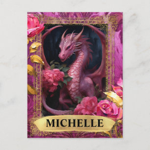 Romantic Fuchsia Dragon and Roses Fantasy Postcard