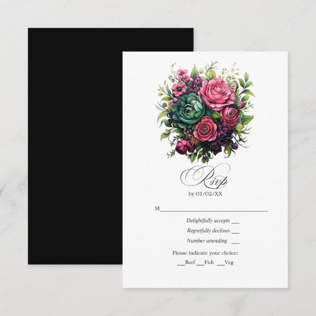 Romantic Fuchsia, Emerald Green & Black Floral RSVP Card (Front/Back)