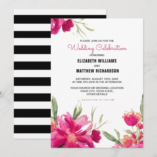 Romantic Fuchsia Floral Black Stripes Wedding Invitation (Front/Back)