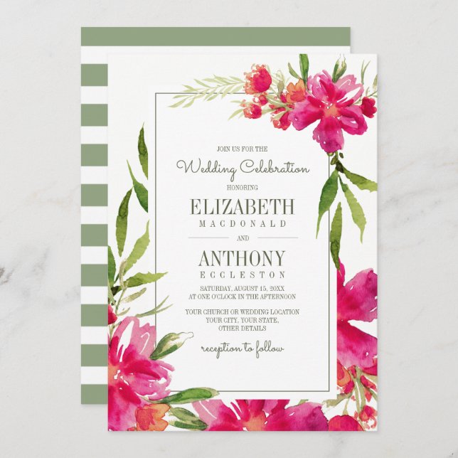 Romantic Fuchsia Green Floral Watercolor Wedding Invitation (Front/Back)