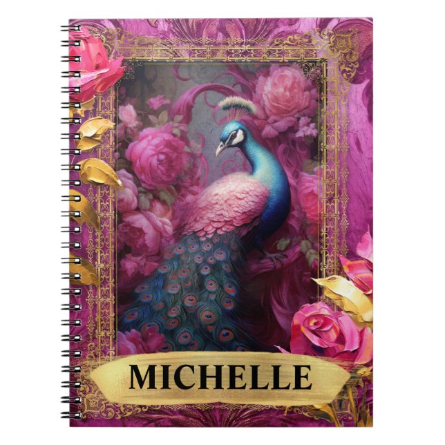 Romantic Fuchsia Peacock and Roses Fantasy Notebook (Front)
