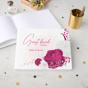 romantic fuchsia white flowers botanical wedding guest book