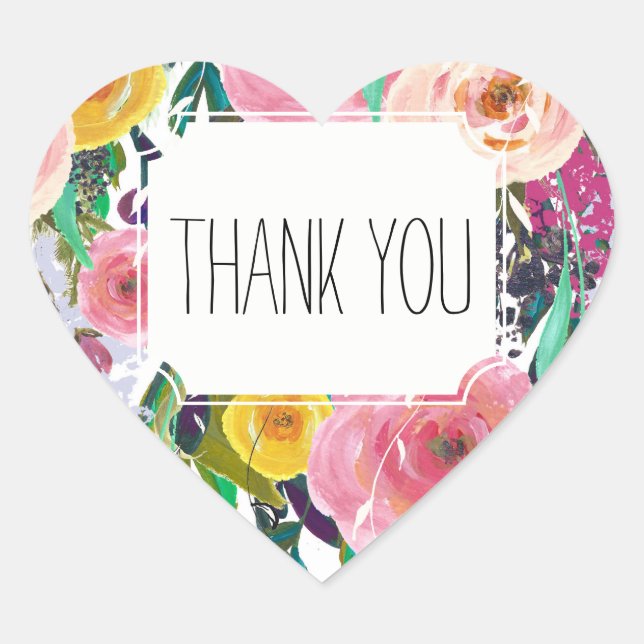 Romantic Garden Colourful Flowers Thank you Heart Sticker (Front)