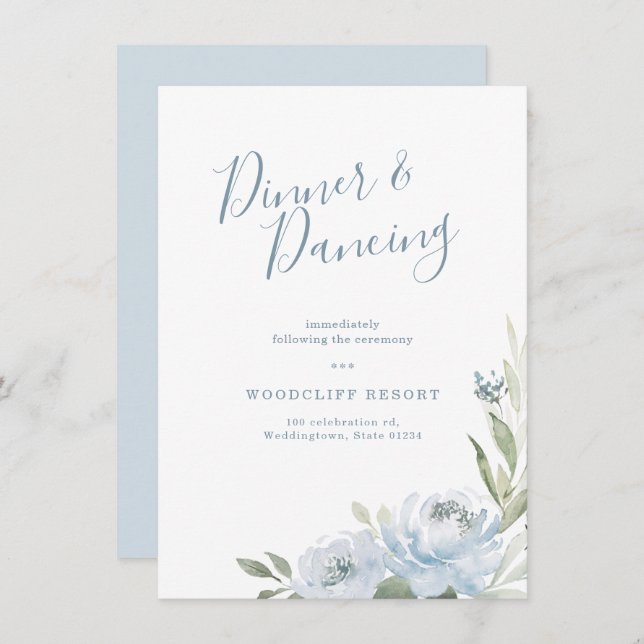 Romantic garden dusty blue floral reception invitation (Front/Back)