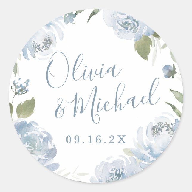 Romantic garden dusty blue floral wedding classic round sticker (Front)