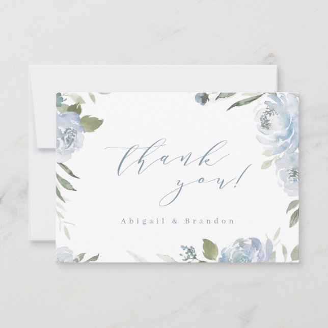 Romantic garden dusty blue floral wedding  thank you card (Front)