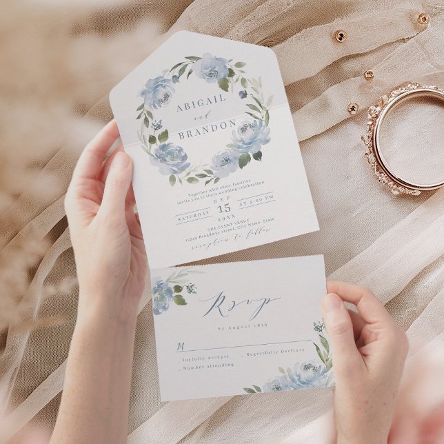 Romantic garden dusty blue floral wreath wedding all in one invitation (Romantic garden dusty blue floral wreath wedding all in one invitation)