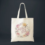 Romantic garden floral mother of the bride tote bag<br><div class="desc">Modern mother of the bride script with watercolor floral wreath in muted pastel yellow,  peach and mauve,  elegant and romantic,   great personalized bridal party gifts for mother of the bride.</div>