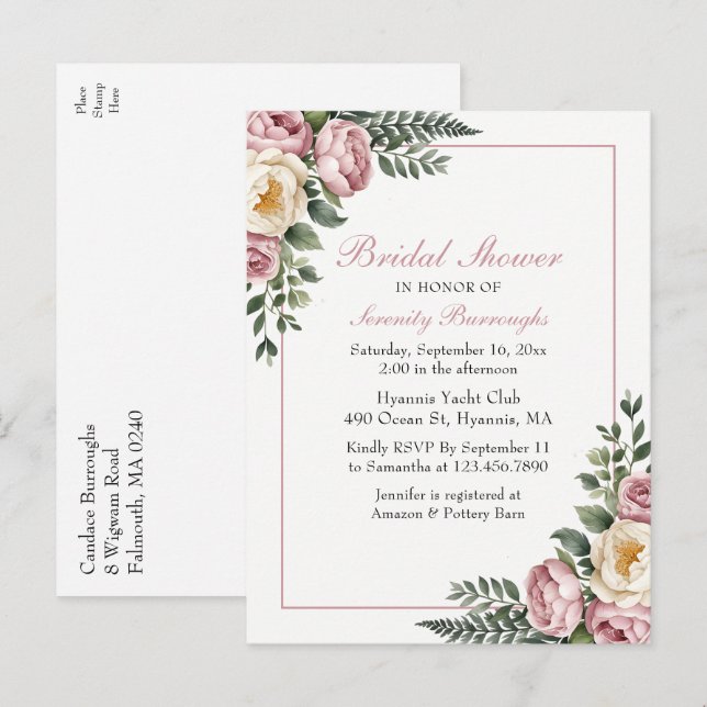 Romantic Garden Floral Peony & Rose Bridal Shower Invitation Postcard (Front/Back)