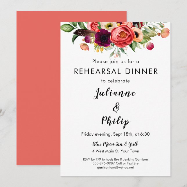 Romantic Garden Floral Rehearsal Dinner Invitation (Front/Back)